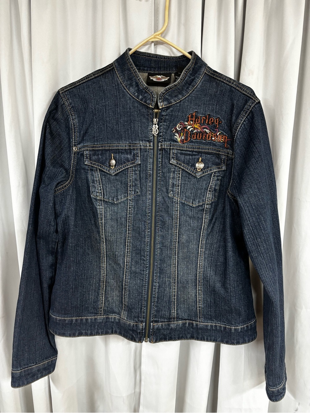 Harley-Davidson Dark Blue Embroidered Denim Zip Jacket
